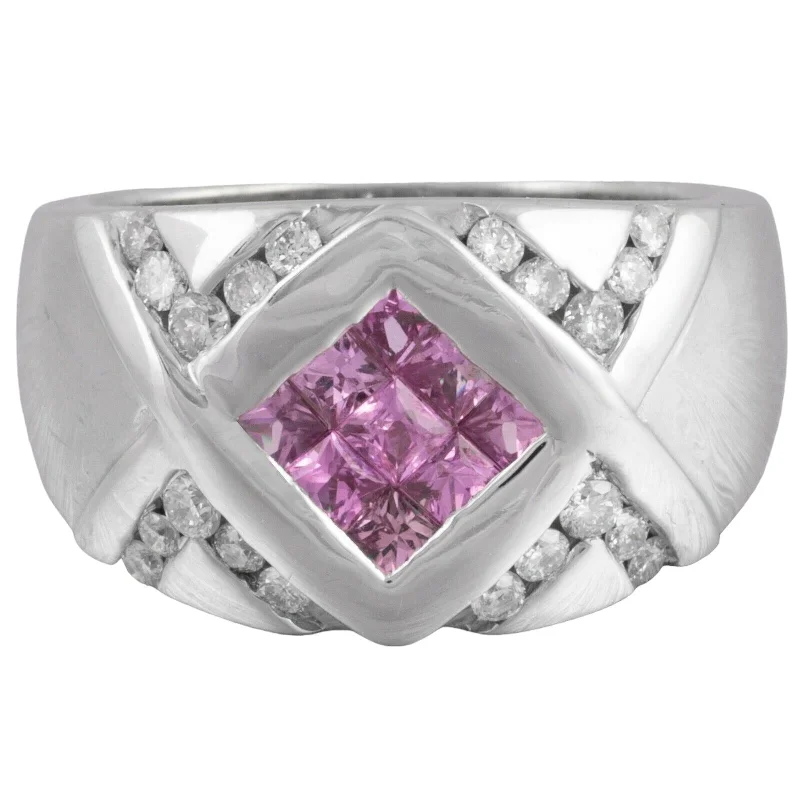 Women’s bold rings with hammered silver bands -Modern Estate 14k White Gold Pink Sapphire 0.45ctw & Diamond Ring 0.50ctw Size 7