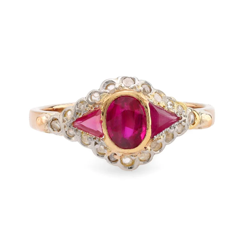 Women’s rings with butterfly motifs for whimsy -Antique synthetic ruby diamond 18k yellow gold ring