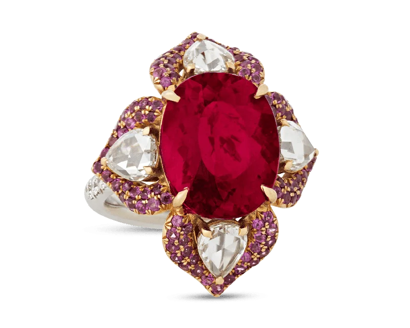 Women’s rings with spiral gold band twists -Floral Rubellite Tourmaline Ring, 9.41 Carats