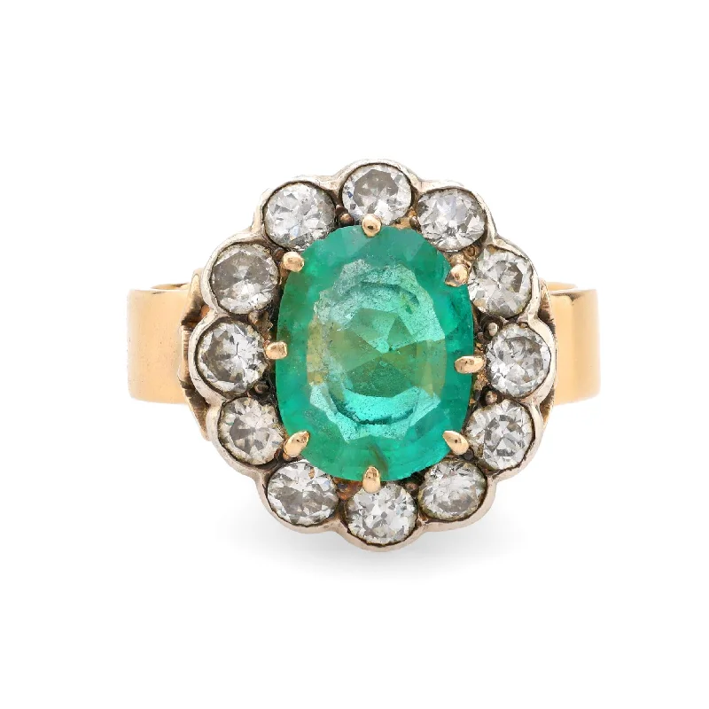 Women’s rings with claw-set jade for security -Antique style GIA 1.70 carat emerald diamond 14k yellow gold silver cluster ring