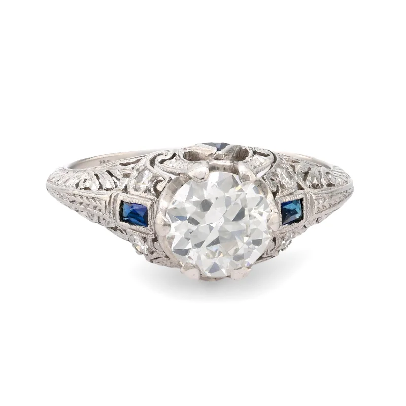 Women’s layered rings with mixed gemstone bands -Art Deco EGL 1.04 carat diamond sapphire platinum ring