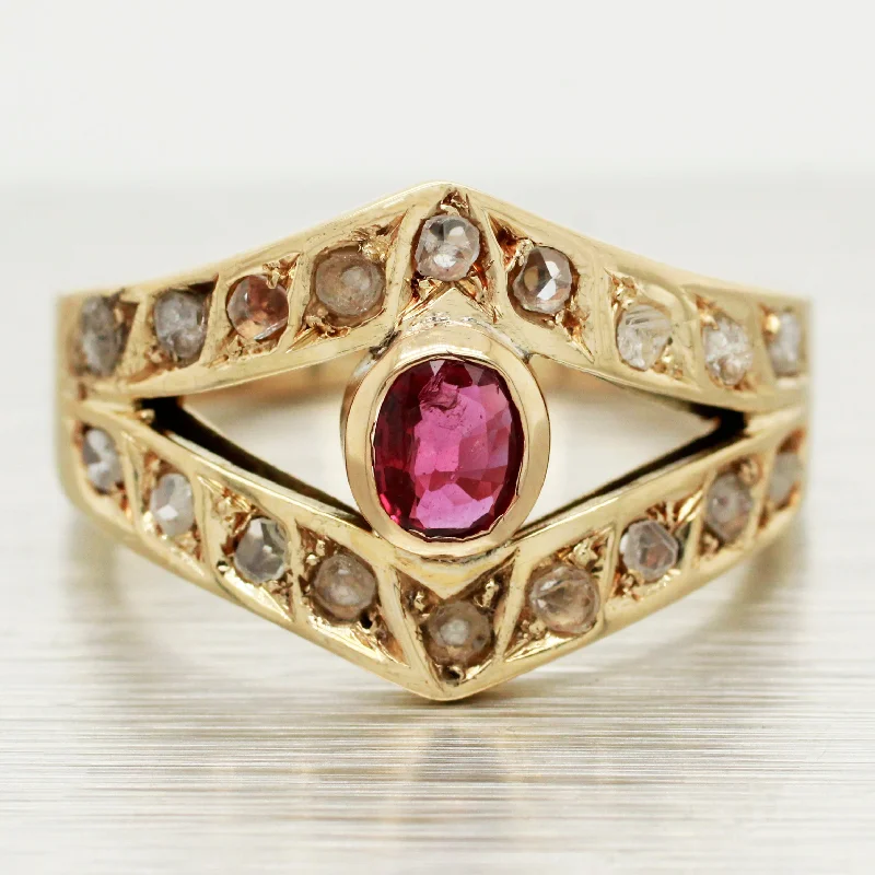 Women’s rings with butterfly motifs for whimsy -Antique Art Deco Ruby & Rose Cut Diamond Ring - 14k Yellow Gold Split Shank Band