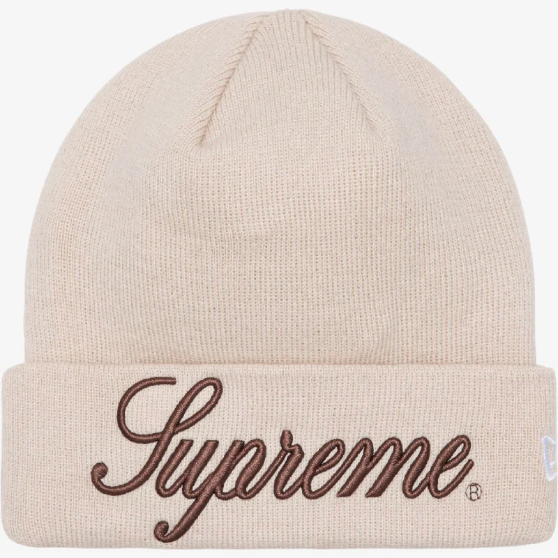 Denim snapback cap for casual cool edge -Supreme x New Era Script Beanie Stone (FW24)