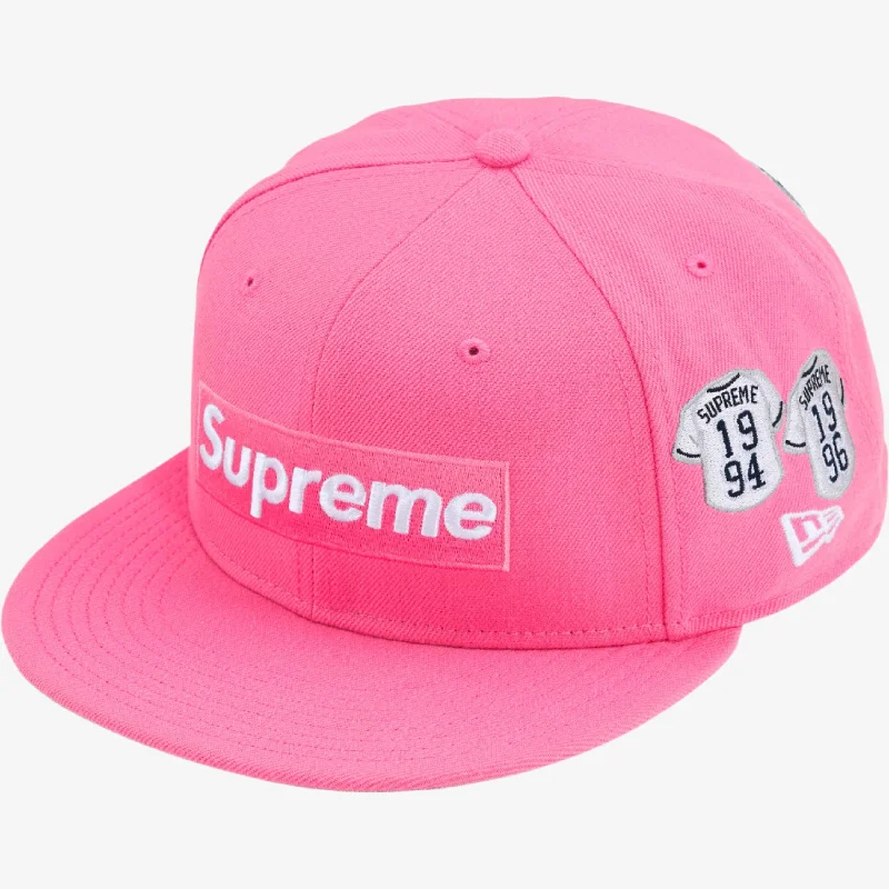 Embroidered logo cap for team spirit Pride -Supreme x New Era 'Baseball Jerseys Box Logo' Fitted Hat Pink (FW24)