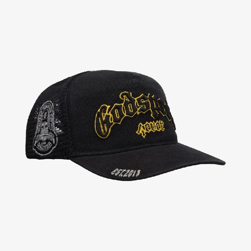 Cotton twill cap for durable daily use -Godspeed 'GS Forever' Trucker Snapback Hat Vintage Black / Yellow