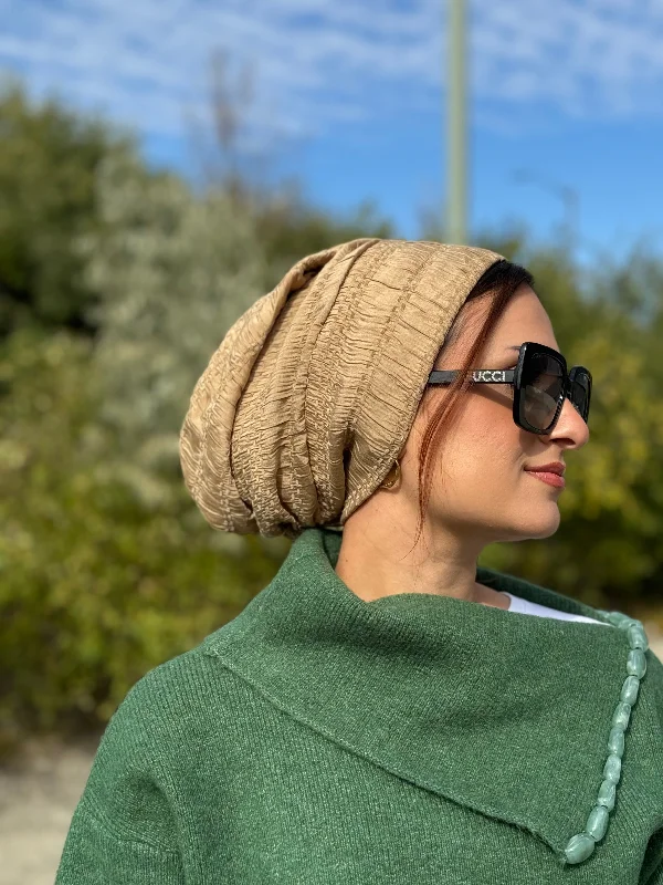 Adjustable strap cap for custom size comfort -Beanie Cornice Crepe - Tan