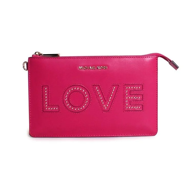 Handle bags with metallic finishes for shine -Michael Michael Kors Medium Gusset Leather Love Wristlet in Ultra Pink - Small