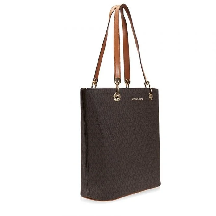 Foldable handle bags for easy storage convenience -MICHAEL Michael Kors Logo Signature Raven Large North South Brown