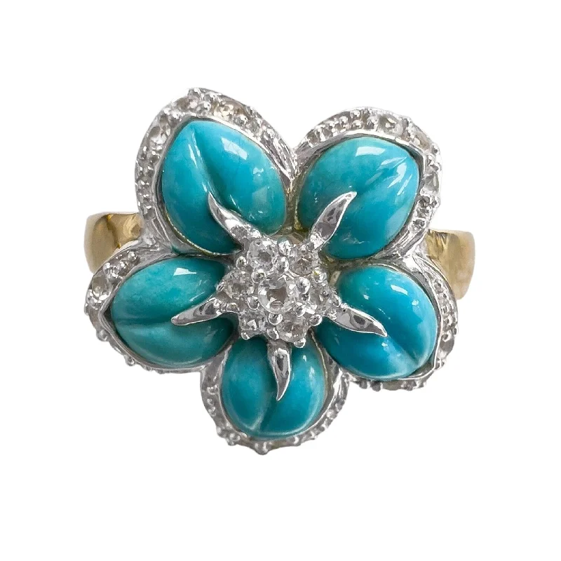 Women’s slim rings with pave sapphire accents -14k Yellow & White Gold Flower Turquoise Cubic Zirconia Cocktail Ring Size 9