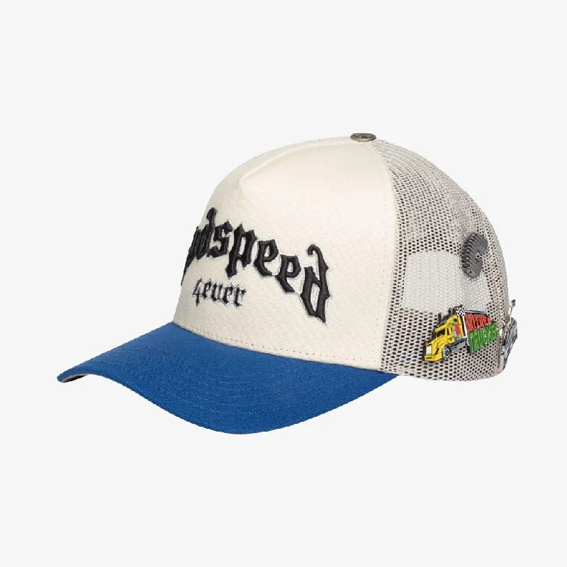 Fitted trucker cap for custom head fit -Godspeed 'GS Forever' Trucker Snapback Hat White / Royal