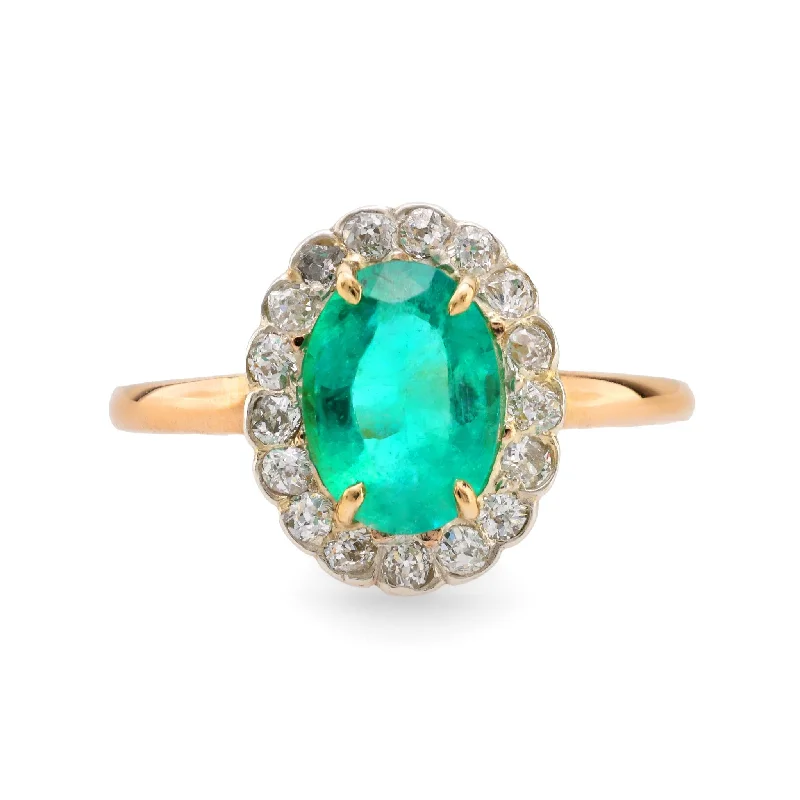 Women’s rings with peacock ore for iridescence -GIA 1.40 carat emerald diamond 14k yellow gold silver cluster ring