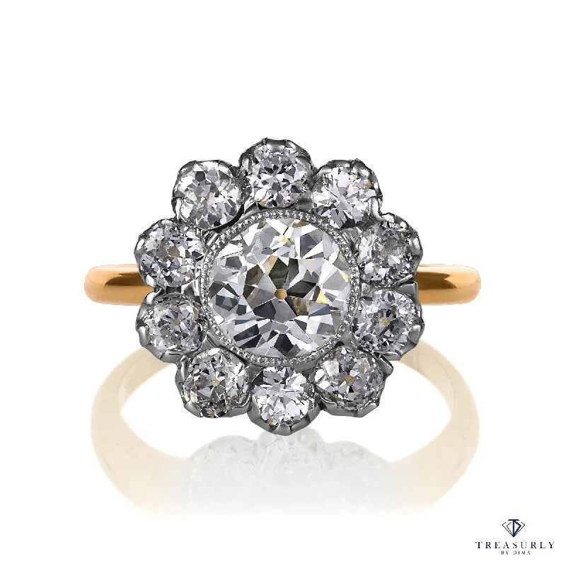 Women’s stretch rings for adjustable comfort fit -Edwardian GIA 3.17ctw Antique OLD EUROPEAN Diamond Cluster 18K Gold Platinum Ring