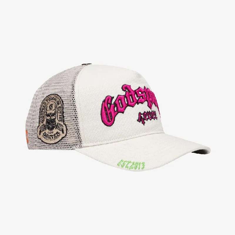 Graphic print cap for artistic expression -Godspeed 'GS Forever' Trucker Snapback Hat White / Fuchsia