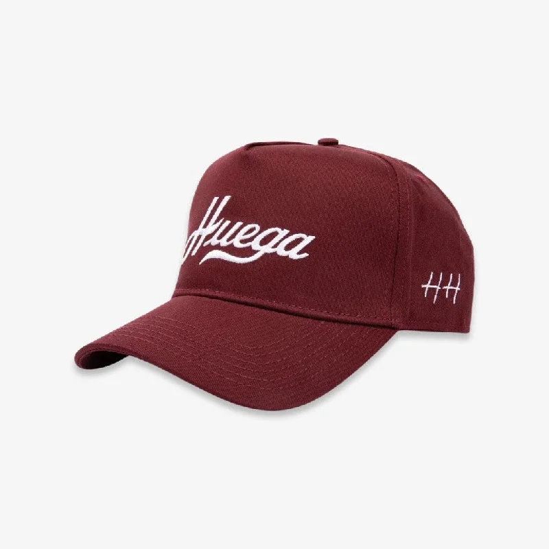 Minimalist cap with small stitched emblem -Huega House 'Merlot' 5-Panel Snapback Hat Maroon / White