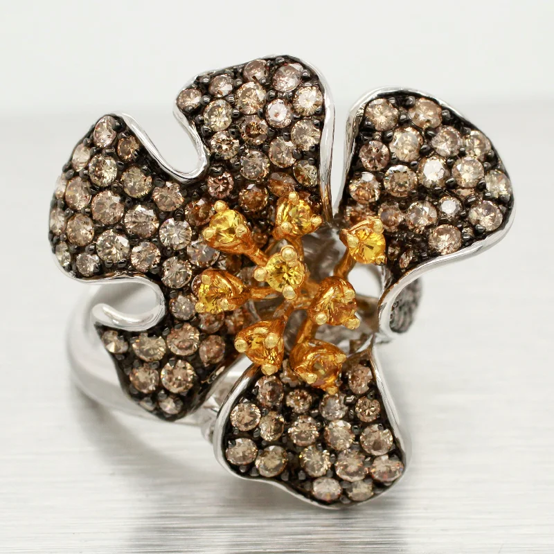 Women’s vintage-style rings with oxidized finish -Samuel Benham Citrine & Champagne Diamond Flower Ring - 14k White Gold