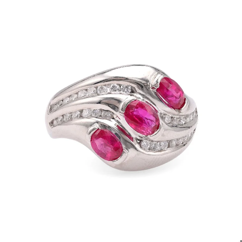 Women’s rings with aquamarine gems for calm -Vintage Ruby Diamond Platinum Ring