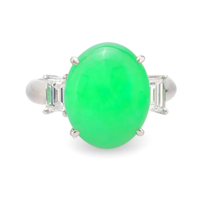 Women’s slim rings with pave sapphire accents -Vintage 7.13 carat cabochon jade diamond platinum cocktail ring