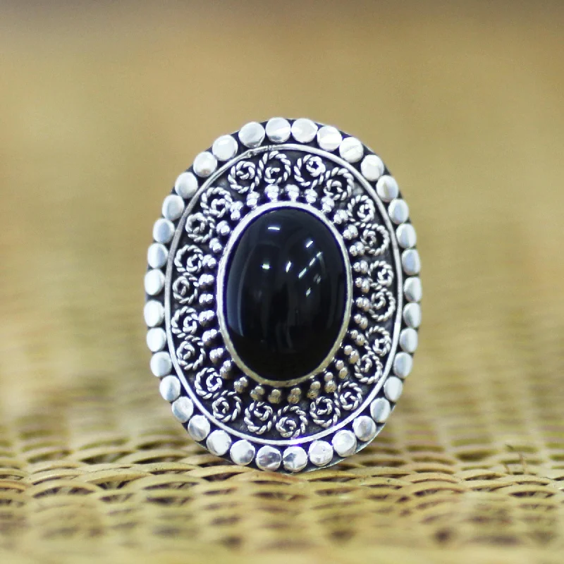 Women’s rings with claw-set onyx for sleek -Majesty Halo Sterling Silver and Onyx Cocktail Ring