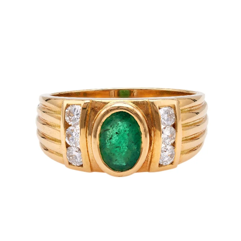 Women’s rings with bold agate for earth -Vintage French Emerald and Diamond 18k Yellow Gold Ring