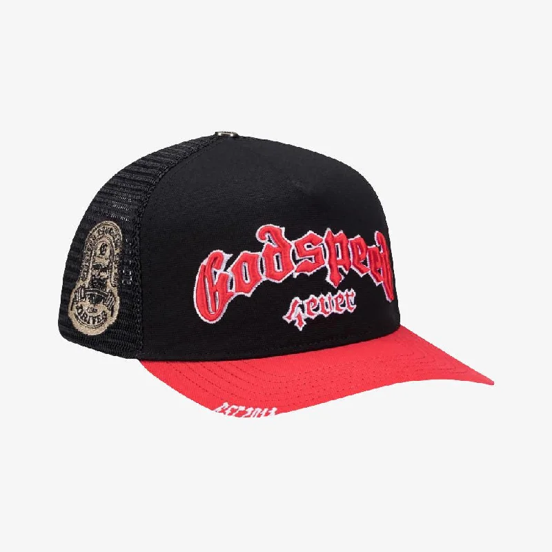 Embroidered sports cap for team pride display -Godspeed 'GS Forever' Trucker Snapback Hat Black / Red