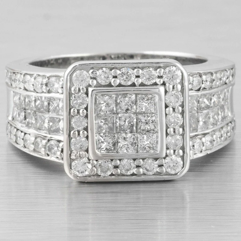 Women’s bold rings with hammered silver bands -Modern Estate 14k White Gold Princess Cut & Round Diamond Ring 2.09ctw