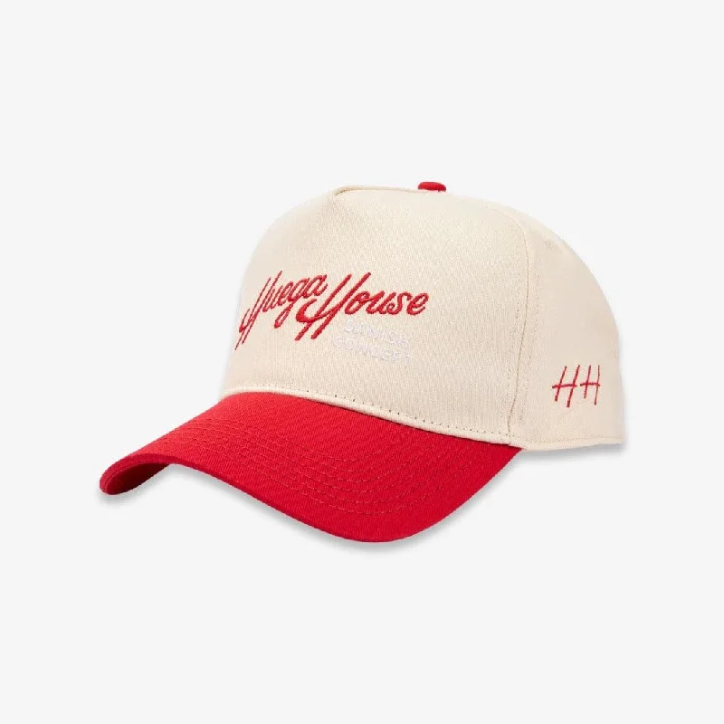 Sports team cap with bold logo front -Huega House 'Vintage Retro Script' 2-Tone 5-Panel Snapback Hat Redbone / Natural