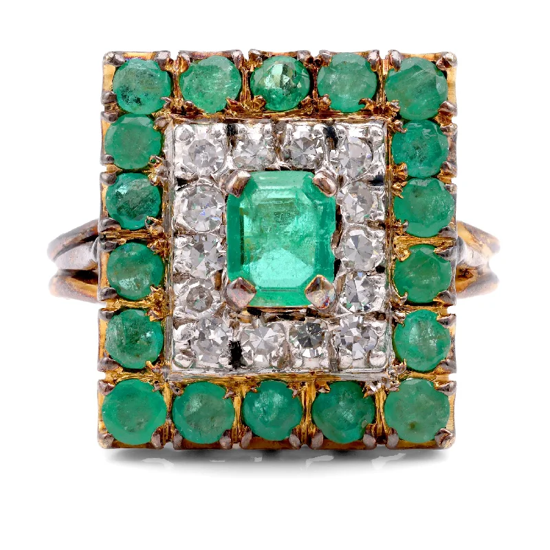 Women’s layered rings with mixed gemstone bands -Belle Époque French Emerald Diamond 14K Yellow Gold Halo Ring