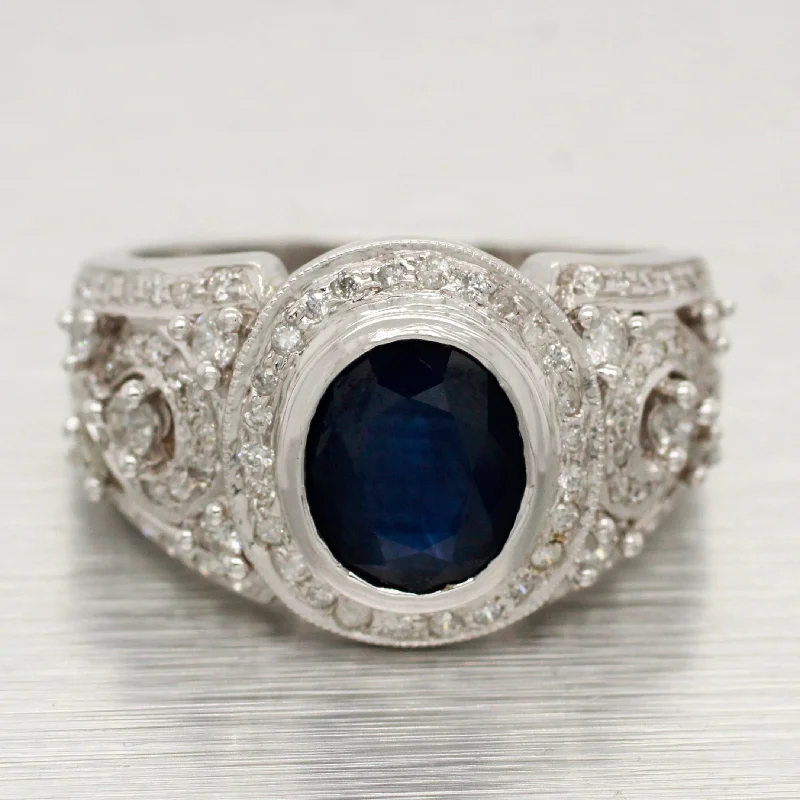 Women’s rings with rainbow moonstone for play -Vintage 1.50ct Sapphire Band Ring - 1.00ctw Diamond Accents - 14k White Gold