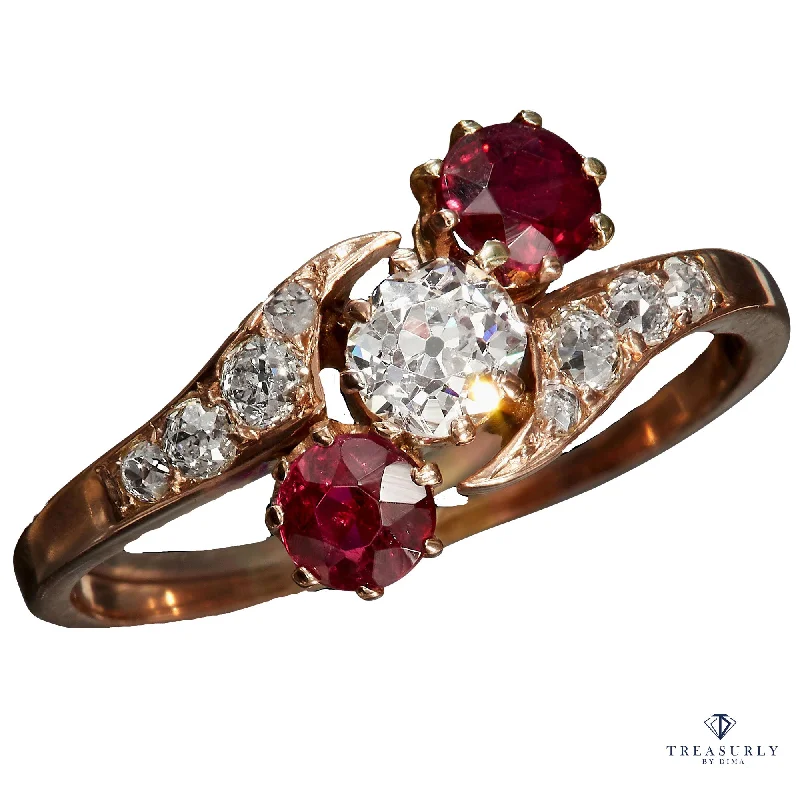 Women’s gold rings with shimmering opal centerpieces -Edwardian Crossover GIA 1.10ct Ruby & Old Mine Cushion DIAMOND Three Stone 14K Gold Ring