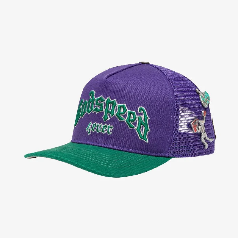 Soft cotton cap with breathable mesh back -Godspeed 'GS Forever' Trucker Snapback Hat Purple / Green