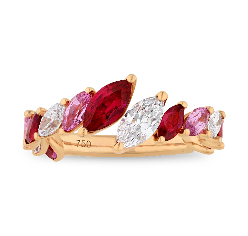 Women’s layered rings with mixed gemstone bands -Ruby, Pink Sapphire and Diamond Ring