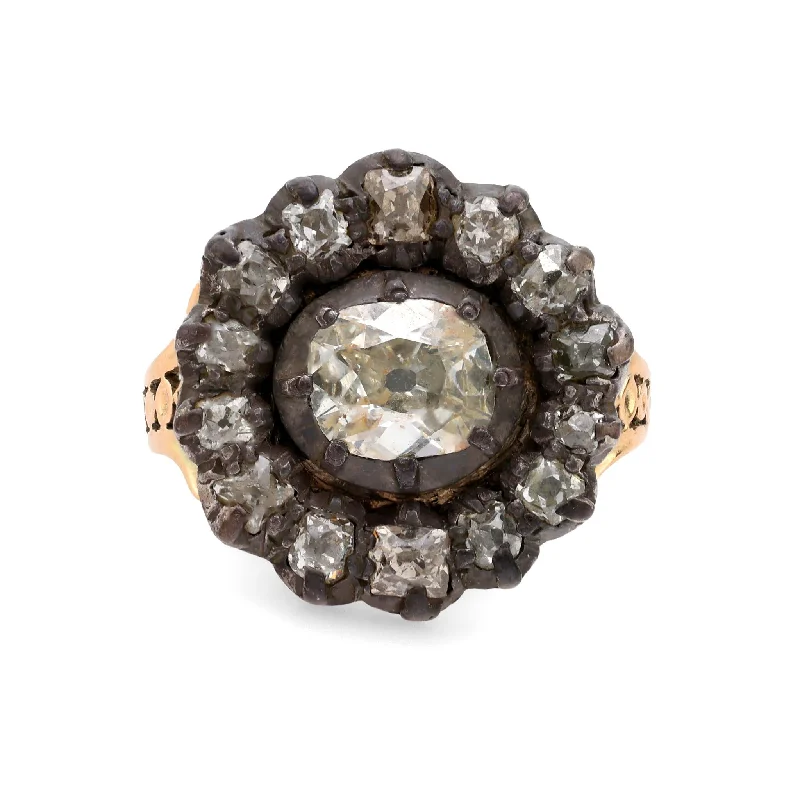 Women’s rings with pave topaz for dazzle -Georgian old cut diamond 14k yellow gold silver cluster ring