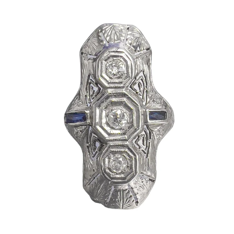 Women’s promise rings with subtle star engravings -Antique Art Deco 18k White Gold Diamond .10ct Sapphire Cocktail Ring 0.15ctw sz6