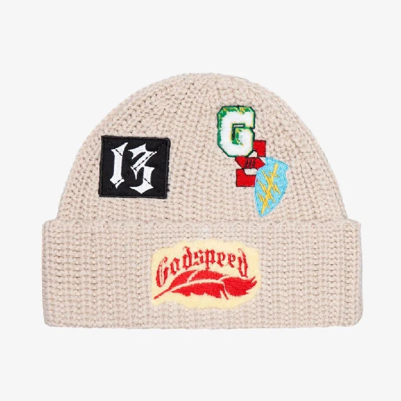 Premium cap with leather strap accent -Godspeed 'Nostalgia' Rugby Patch Work Beanie Creme