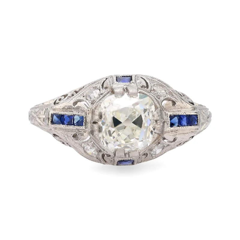 Women’s bold rings with hammered silver bands -Art Deco GIA 1.14 carat old mine cut diamond sapphire platinum ring