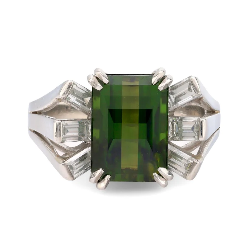 Women’s rings with aquamarine gems for calm -Mid Century 5.60 carat green tourmaline diamond platinum cocktail ring