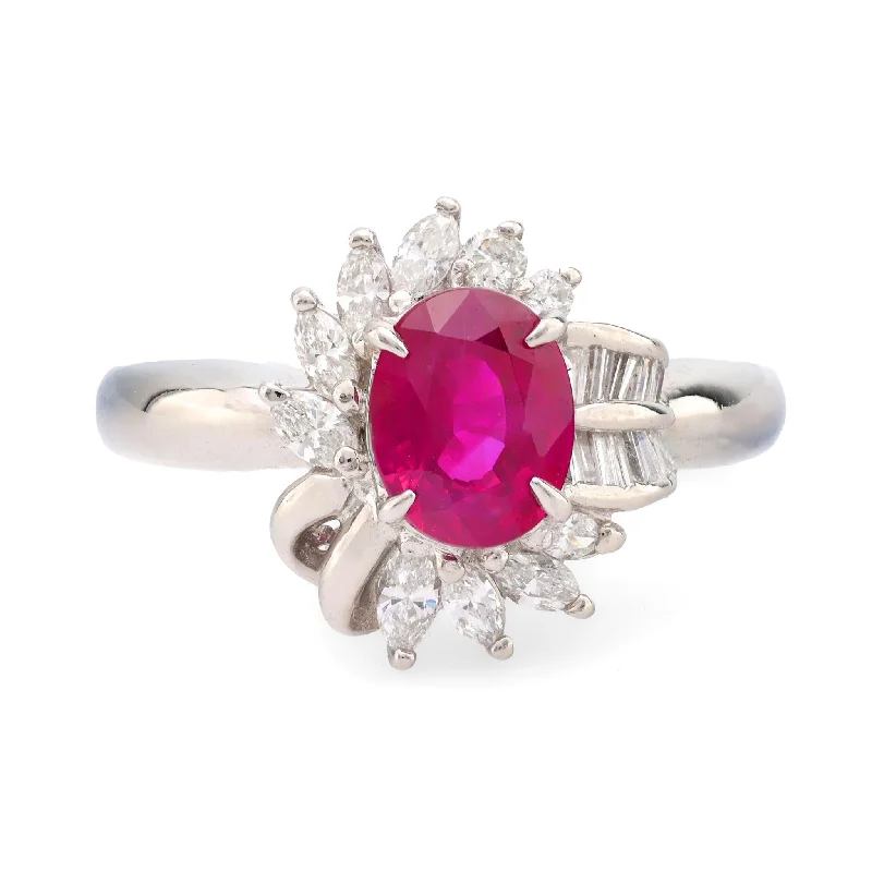 Women’s rings with spiral gold band twists -GIA 1.40 carat oval cut Burma ruby diamond platinum cluster ring