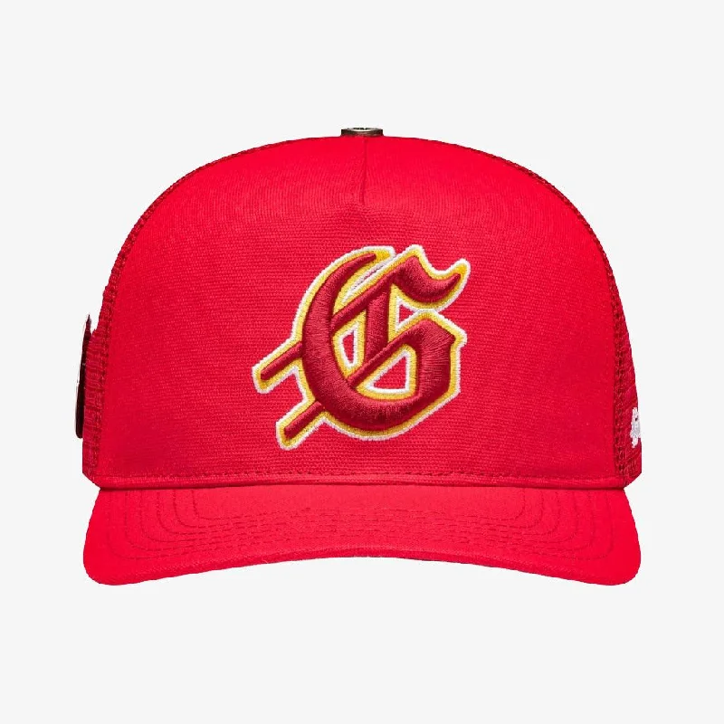 Lightweight running cap for marathon race days -Godspeed 'GS Logo' Trucker Snapback Hat Red / Yellow