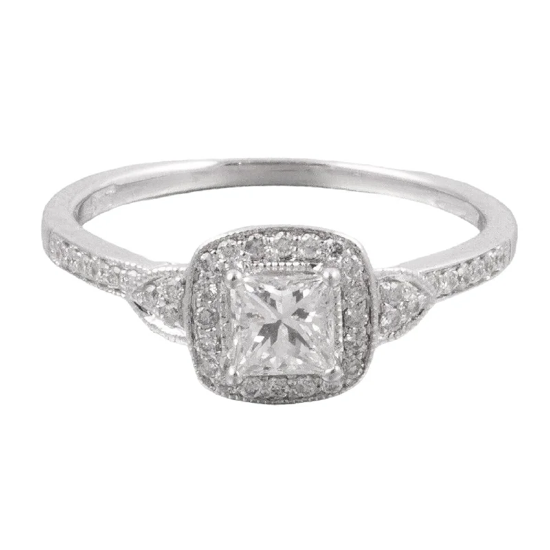 Women’s rings with intricate mandala engravings -10k White Gold Princess Cut Diamond Halo Engagement Ring 0.62ctw Size 7