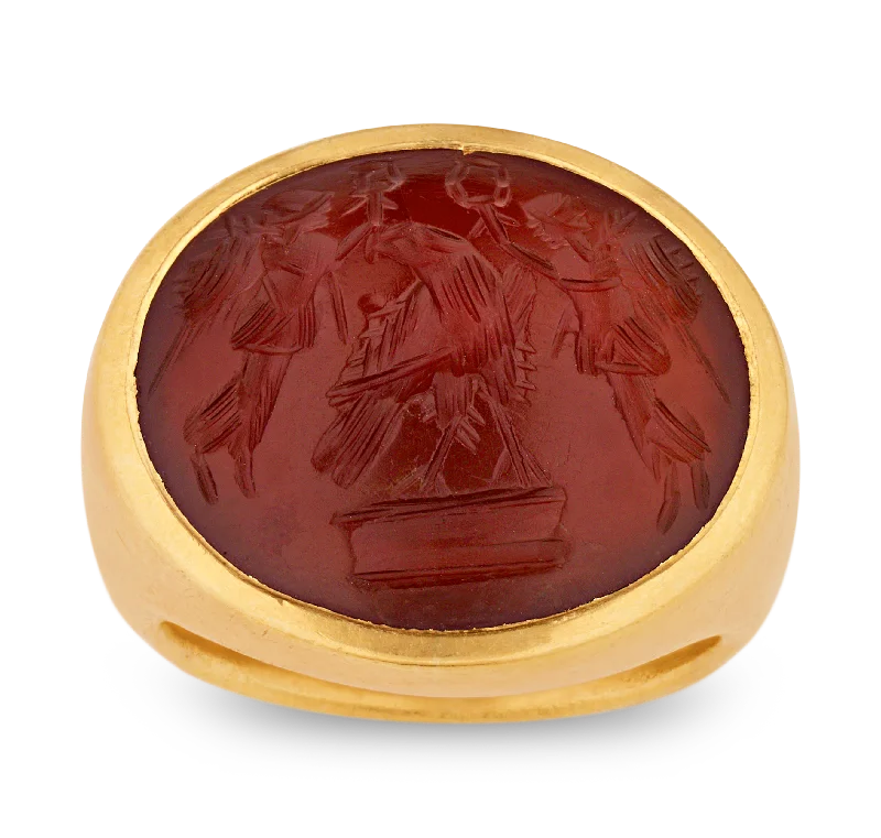 Women’s rings with rough garnet for rugged -Roman Jupiter and Victoria Carnelian Intaglio Ring