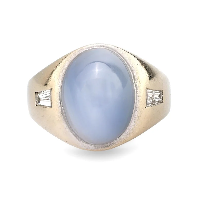 Women’s rings with pearl clusters for elegance -Mid Century 16 carat cabochon star sapphire diamond 14k white gold ring