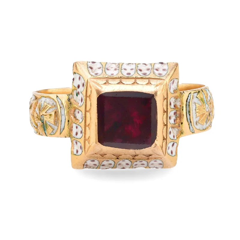 Women’s artisan rings with raw garnet texture -Renaissance revival garnet 14k yellow gold and white enamel solitaire ring