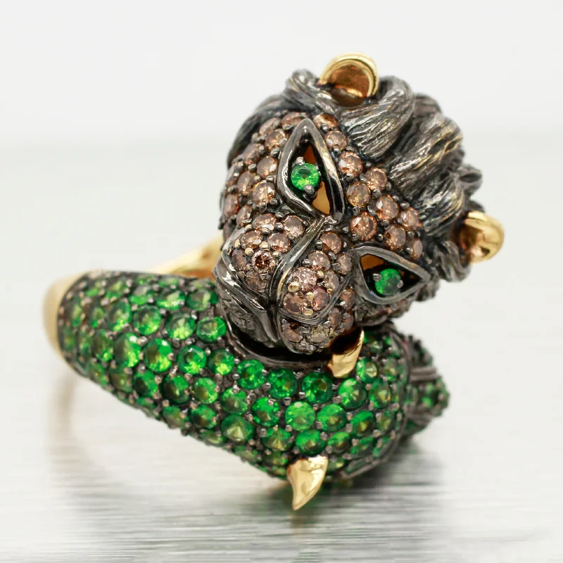 Women’s rings with geometric ruby for trend -Neda Behnam Lions Cocktail Ring; Diamond, Ruby, & Tsavorite - 18k Yellow Gold