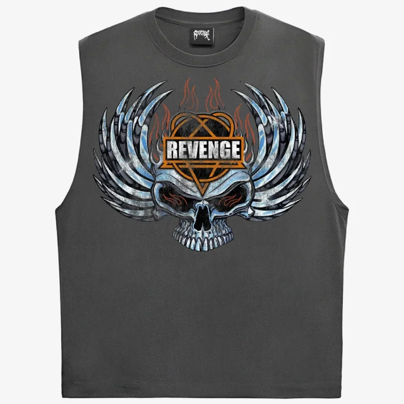 Lightweight cap for easy travel packing -Revenge 'Chrome Motorcycle' Cut Off Tank Top Vintage Black