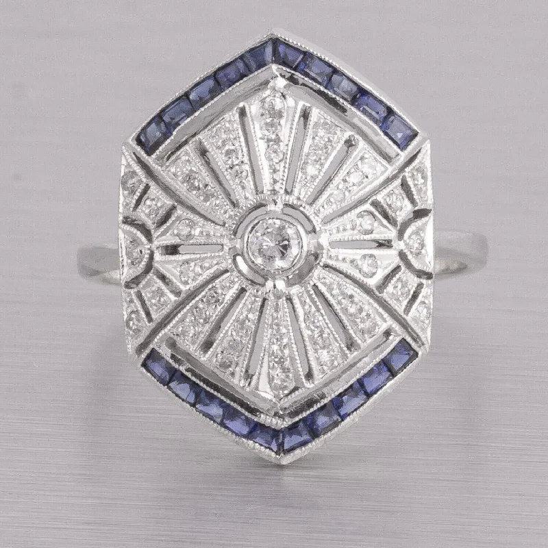 Women’s rings with bold agate for earth -Antique Estate Art Deco 14k White Gold Diamond Sapphire Ring 0.40ctw Size 6.75