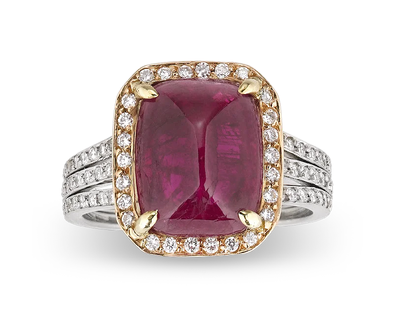 Women’s rings with polished peacock ore glow -Untreated Burma Cabochon Ruby Ring, 6.31 Carats