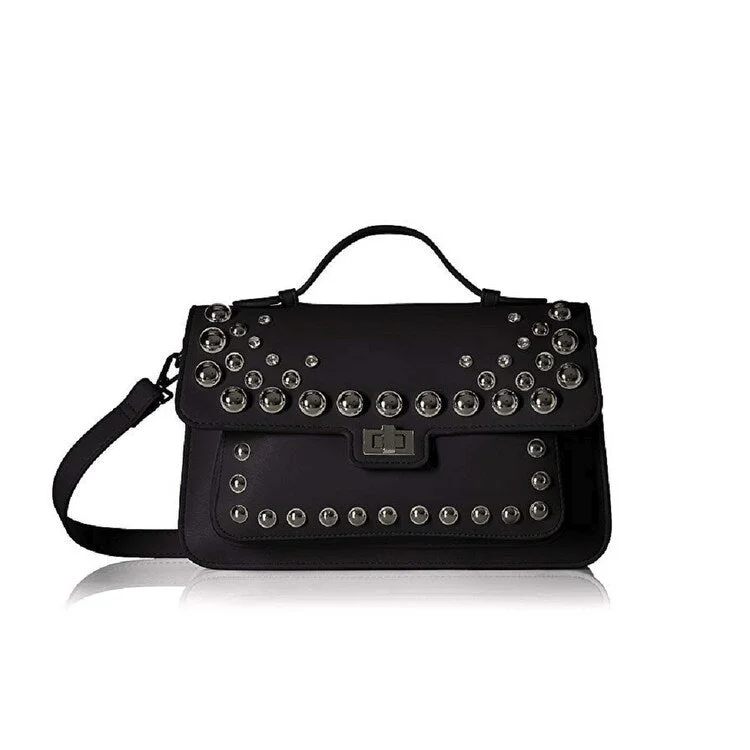 Handle bags with geometric patterns for modernity -Steve Madden Mary Non-Leather Front-Flap Silver Studded Satchel Handbag Black