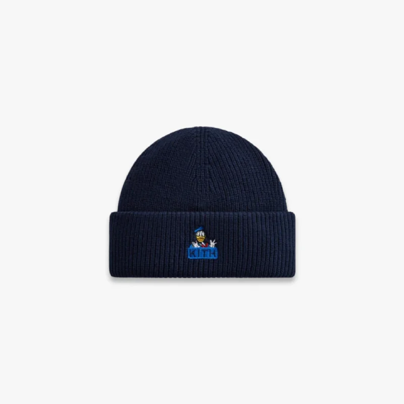 Fitted snapback cap for modern tight fit -Kith Mia Beanie 'Mickey & Friends Donald' Nocturnal (FW23)