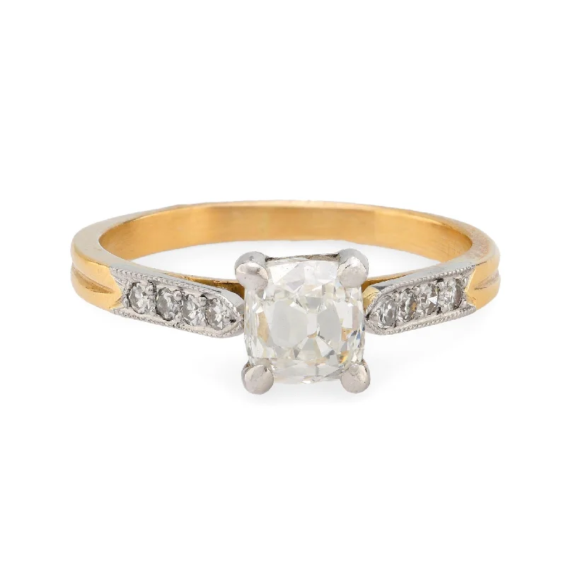 Women’s vintage-style rings with oxidized finish -French 1.10 carat old mine cut diamond 18k yellow gold engagement ring