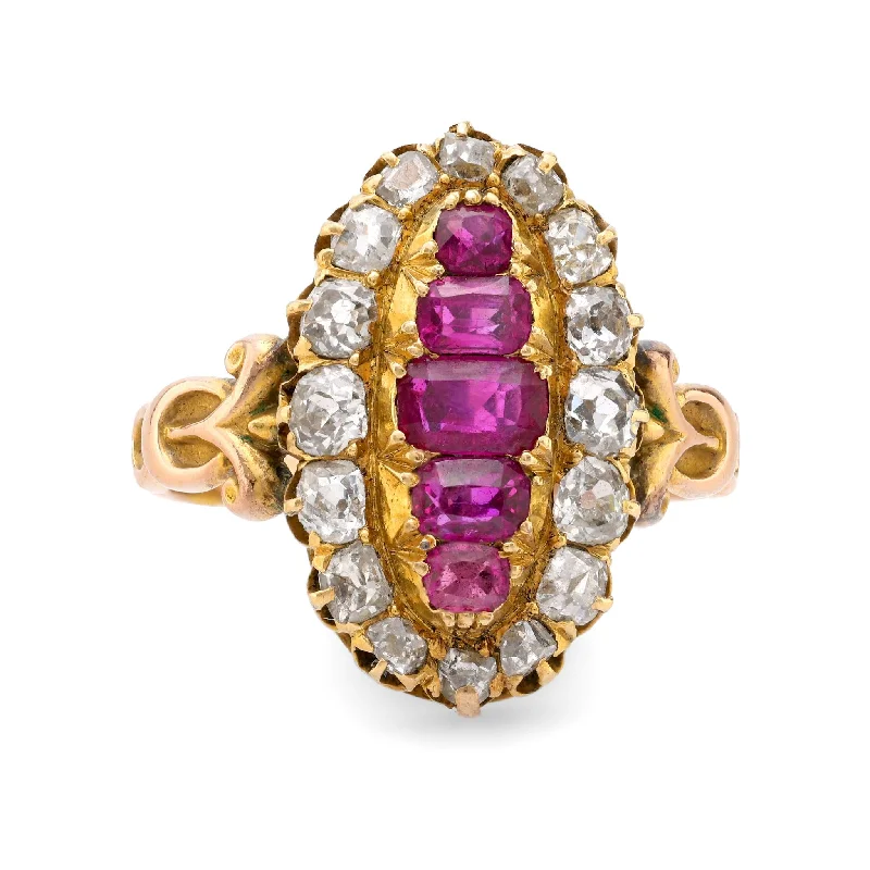 Women’s rings with rough sapphire for chic -Antique 2.40 carat ruby and diamond 18k yellow gold Navette ring